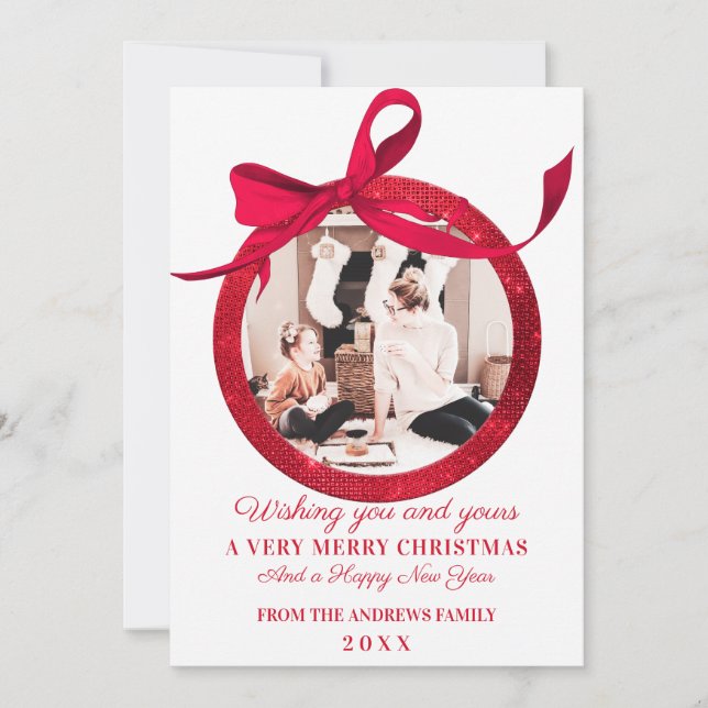 Cartão De Festividades Natal do Ornamento do Arco Vermelho Branco (Frente)