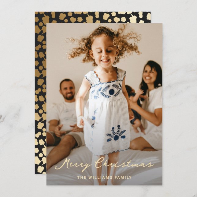 Cartão De Festividades Natal do Script de Estrelas Douradas Pretas Elegan (Frente/Verso)