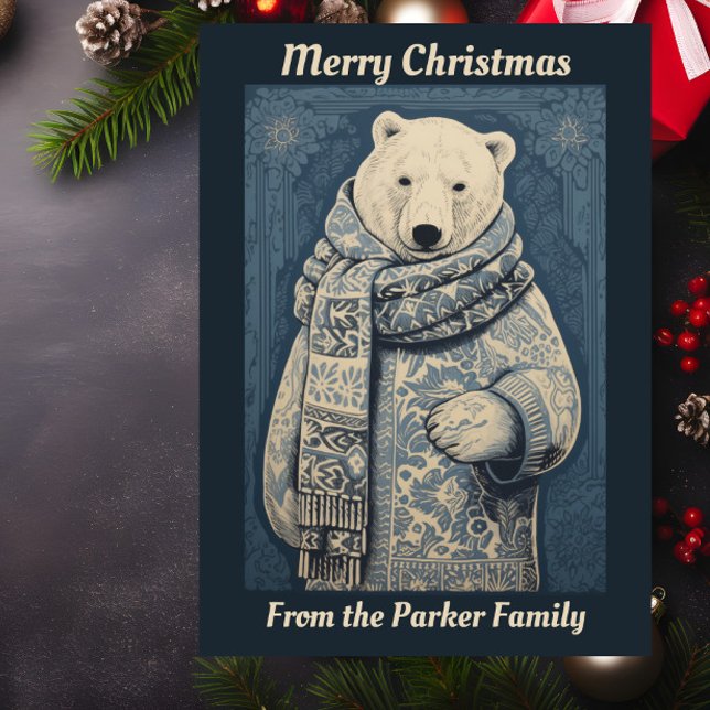 Cartão De Festividades Natal do urso polar azul (A Christmas card featuring an illustration of a polar bear wrapped in a scarf.)