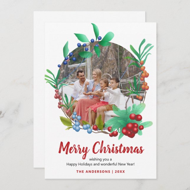 Cartão De Festividades Natal do Wreath Red Berries (Frente/Verso)