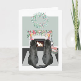 Cartão De Festividades Natal Dois Labrador Negro Cães Cão Lareira Cena