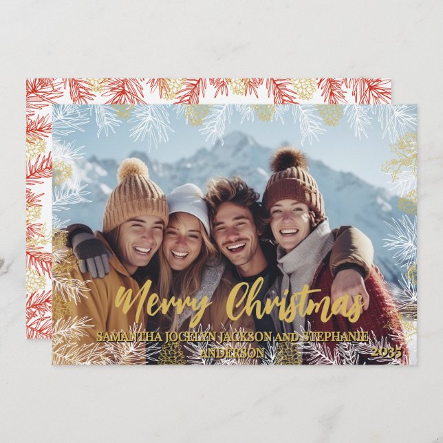 Cartão De Festividades Natal Dourado Branco Moderno e Vermelho (Frente/Verso)