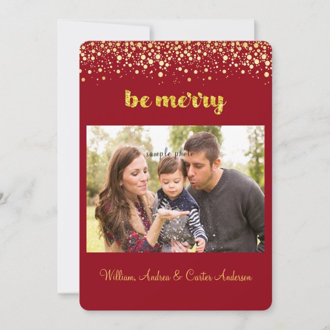 Cartão De Festividades Natal, Dourado Confetti, Foto Personalizada (Frente)