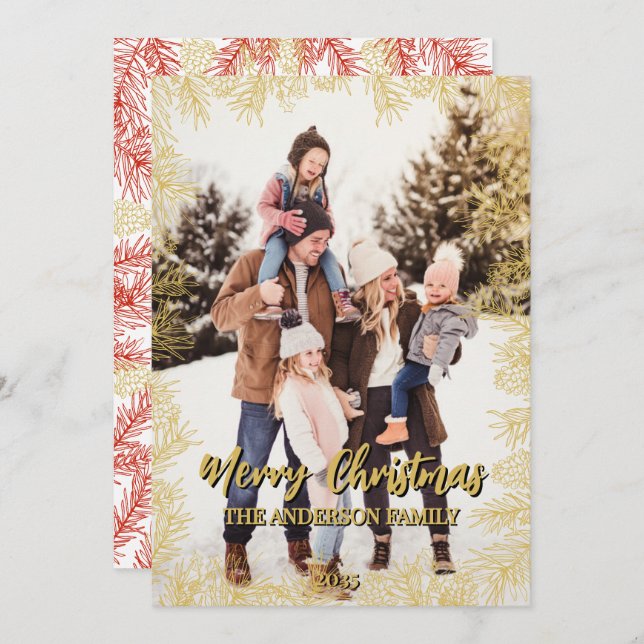 Cartão De Festividades Natal Dourado da família Red Botanical Modern (Frente/Verso)
