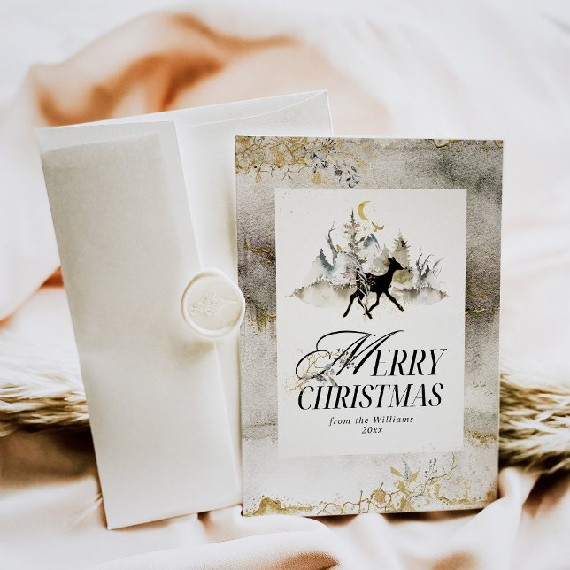 Cartão De Festividades Natal Dourado da Floresta Floral de Mágica (Criador carregado)