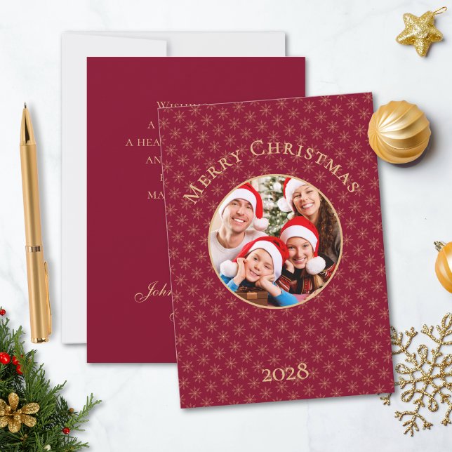 Cartão De Festividades Natal Dourado de Flocos de Neve Limpo Burgundy (Criador carregado)