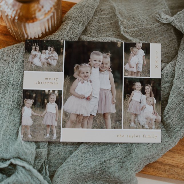 Cartão De Festividades Natal Dourado do Múltiplo Moderno e Bonito da EMEL (EMELIA Gold Cute Modern Multi Photo Christmas Holiday Card)