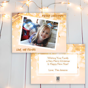 Cartão De Festividades Natal Dourado e Branco Bokeh Foto Feriado