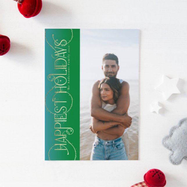Cartão De Festividades Natal dourado faz girar foto verde FELIZ (Criador carregado)