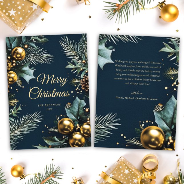 Cartão De Festividades Natal Dourado Festivo Elegante Azul (Blue Gold Festive Elegant Christmas Holiday Card)