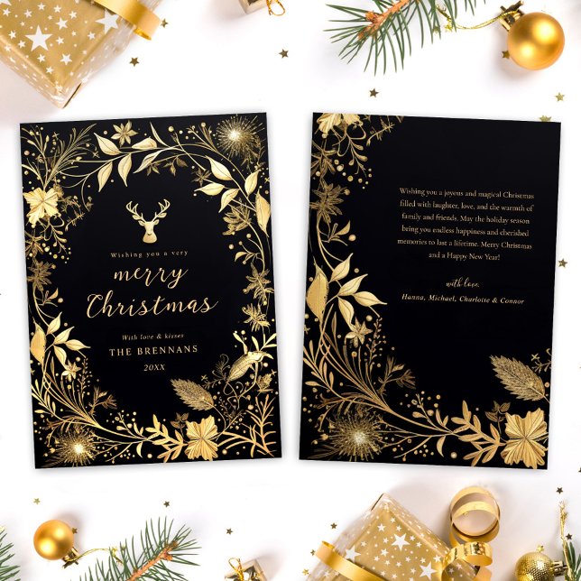 Cartão De Festividades Natal Dourado Festivo Festivo, Natal (Black Gold Botanical Festive Stylish Christmas Holiday Card)