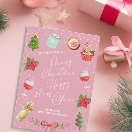 Cartão De Festividades Natal e Ano Novo Alegre Festivo Rosa Moderno