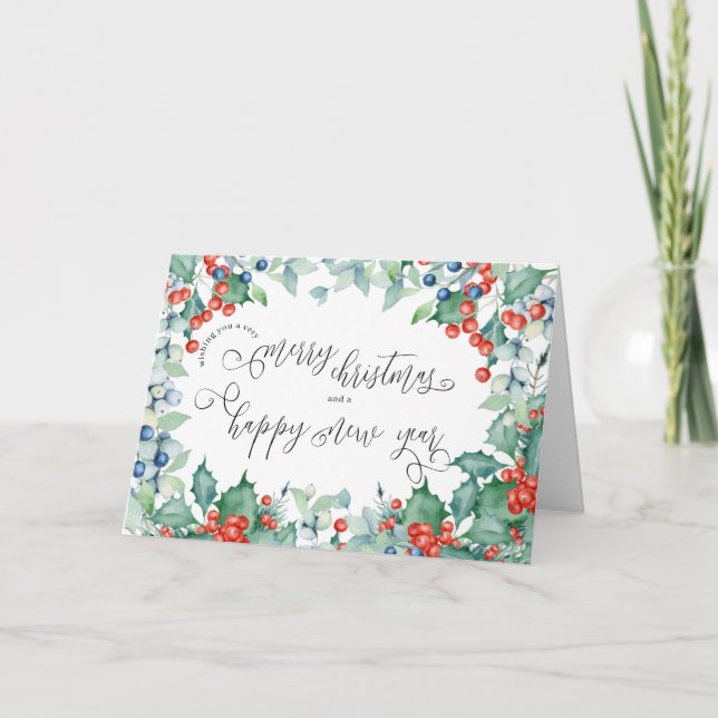 Cartão De Festividades Natal e Ano Novo Caligrafia Berries de inverno (Frente)