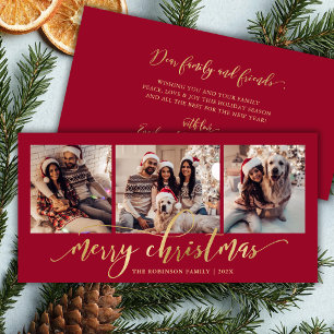 Cartão De Festividades Natal Elegante Colagem de 3 Fotos em Vermelho e Do