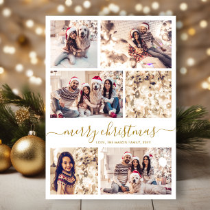 Cartão De Festividades Natal Elegante Colagem de 6 Fotos com Letra Dourad