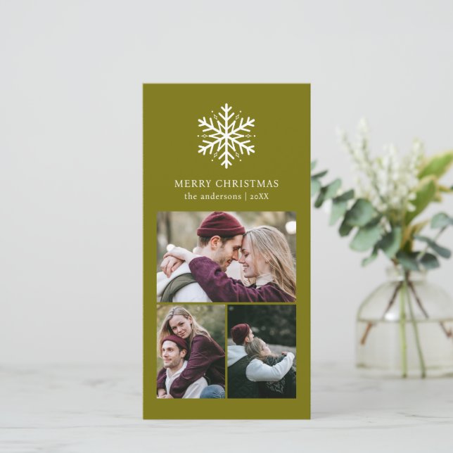 Cartão De Festividades Natal Elegante da Família Snowflake Olive 4 (Em pé/Frente)