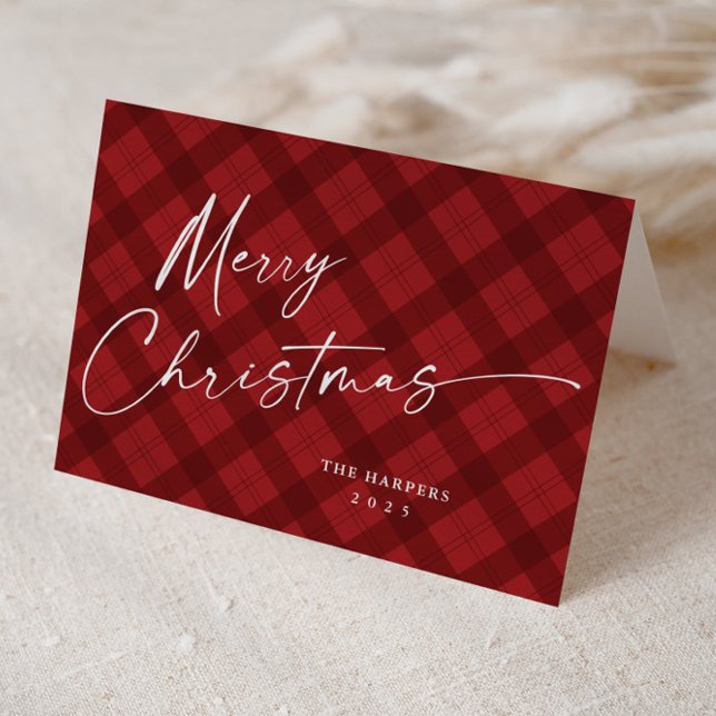 Cartão De Festividades Natal Elegante da Xadrez Vermelha Moderna (Modern handwritten Merry Christmas Script Red Plaid Folded Holiday Cards.)