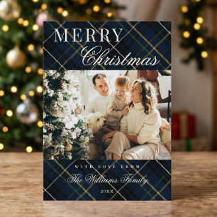 Cartão De Festividades Natal Elegante de Xadrez Azul com 1 Foto Clássico