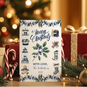 Cartão De Festividades Natal Elegante em Azul com Chinoiserie