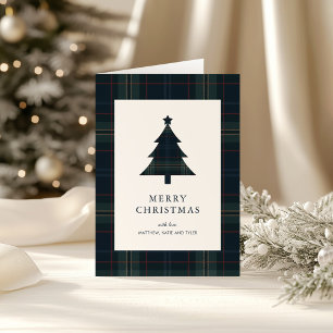 Cartão De Festividades Natal Elegante em Xadrez Azul Marinho e Verde