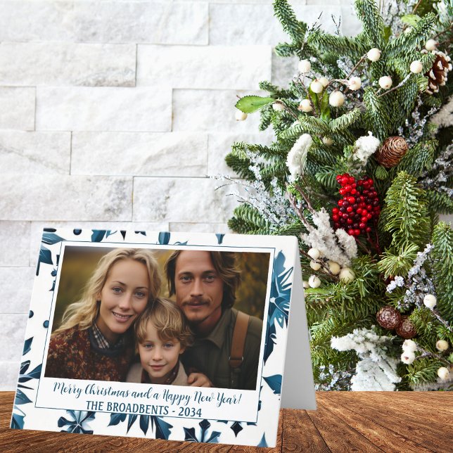 Cartão De Festividades Natal Elegante Floco de Neve Azul Festa Foto Dobla (Folded Vintage Blue Snowflake Christmas Photo  Card)