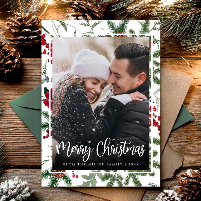 Cartão De Festividades Natal Elegante Foto Botânica Moderna Férias (Criador carregado)