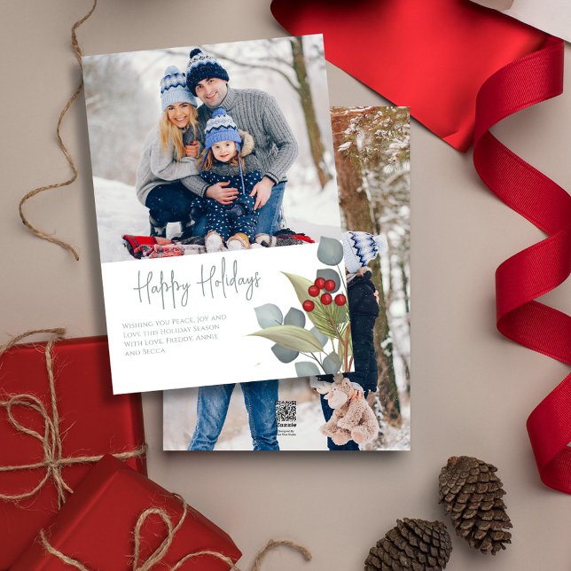 Cartão De Festividades Natal Elegante Winter Holly Berries 2 Foto (Happy Holidays cute calligraphy script eucalyptus greenery photo greeting card)