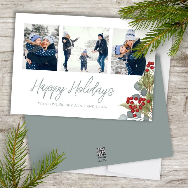 Cartão De Festividades Natal Elegante Winter Holly Berries 3 Foto (Happy Holidays photo card with blue eucalyptus and winter greenery. )