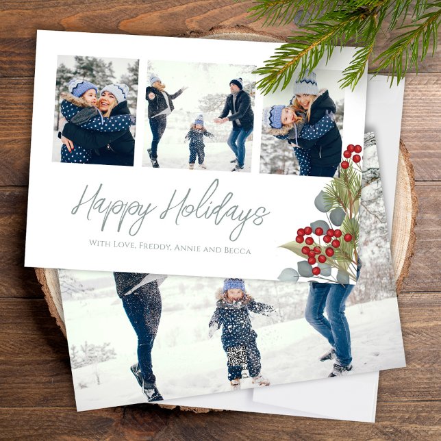 Cartão De Festividades Natal Elegante Winter Holly Berries 4 Foto (Happy Holiday calligraphy script Christmas photo card with a four photo template. )