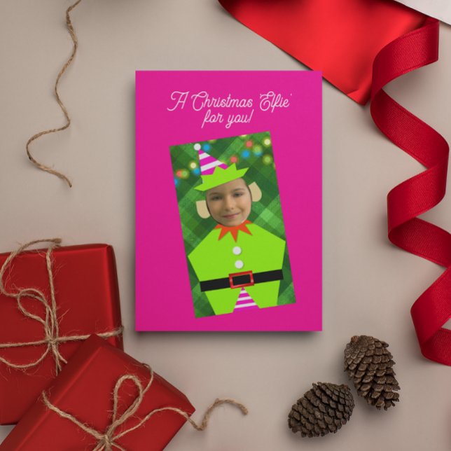 Cartão De Festividades Natal Elfie - Foto Personalizada Rosa (Criador carregado)
