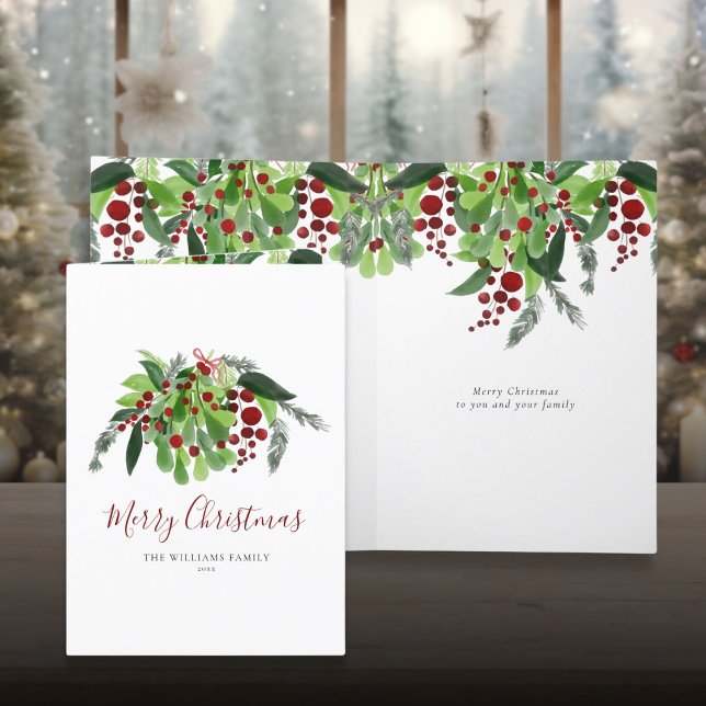 Cartão De Festividades Natal em Aquarela Folhagem Bagas Vermelhas (Watercolor Greenery Red Berries Christmas Holiday Card)