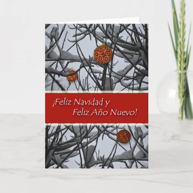 Cartão De Festividades Natal em espanhol, ornamentos em neve (Frente)