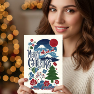 Cartão De Festividades Natal em Estilo de Xilogravura Japonesa