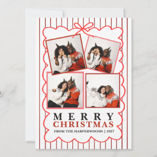 Cartão De Festividades Natal em Família com Listras Rústicas de 4 Fotos