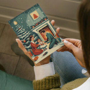 Cartão De Festividades Natal em Família Retrô em Torno da Lareira