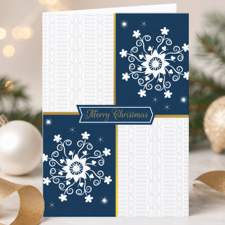 Cartão De Festividades Natal em Floco de Neve Dourado e Branco da Marinha