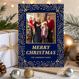 Cartão De Festividades Natal em Foto da Família em Azul Naval e Dourado A