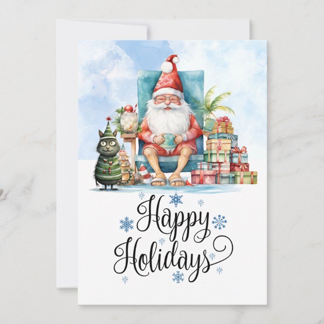 Cartão De Festividades Natal em julho com PAPAI NOEL na praia  (Frente)