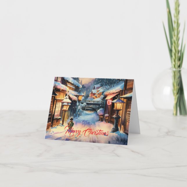 Cartão De Festividades Natal em uma Vila Japonesa de Neve (Frente)