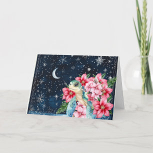 Cartão De Festividades Natal Fantasia Azul Rosa Floral Tartaruga Marinha