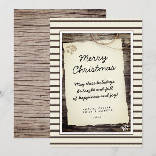 Cartão De Festividades Natal Feliz com Letra de Madeira Rústica em Papel