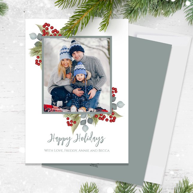 Cartão De Festividades Natal Feliz Férias Elegantes Red Holly Berries (Happy Holidays cute calligraphy script eucalyptus greenery photo greeting card)
