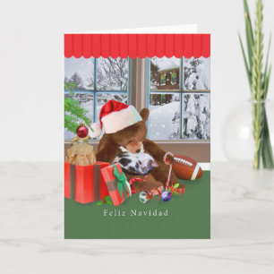 Cartão De Festividades Natal, Feliz Navidad, espanhol, gato, urso de
