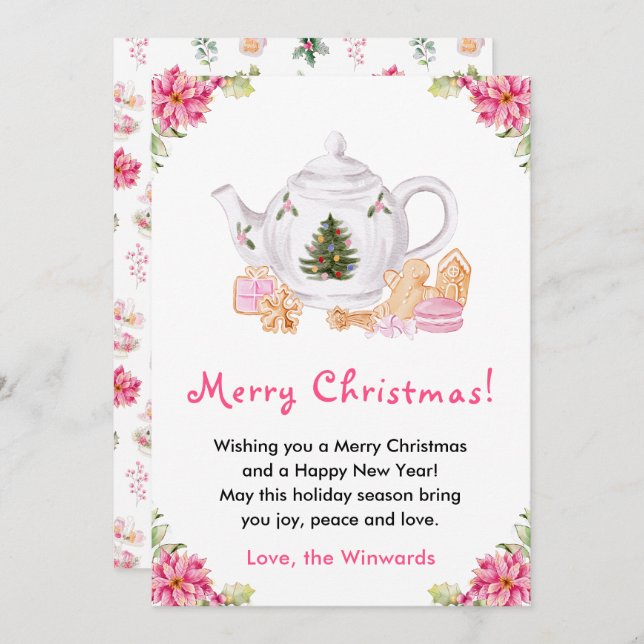Cartão De Festividades Natal Feriado Chá Rosa Feliz Natal Feliz (Frente/Verso)