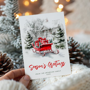 Cartão De Festividades Natal Festa Sleigh Aquarela