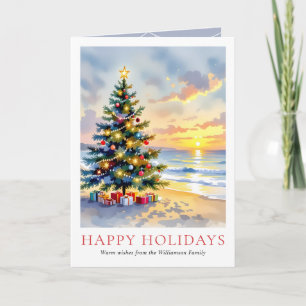Cartão De Festividades Natal Festivo Costeiro de Praia com Aquarela Perso