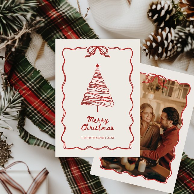 Cartão De Festividades Natal Festivo Vermelho ilustrado à mão (Hand-illustrated Hand-drawn Vintage Retro Red Christmas Card with Photo Unique Aesthetic)