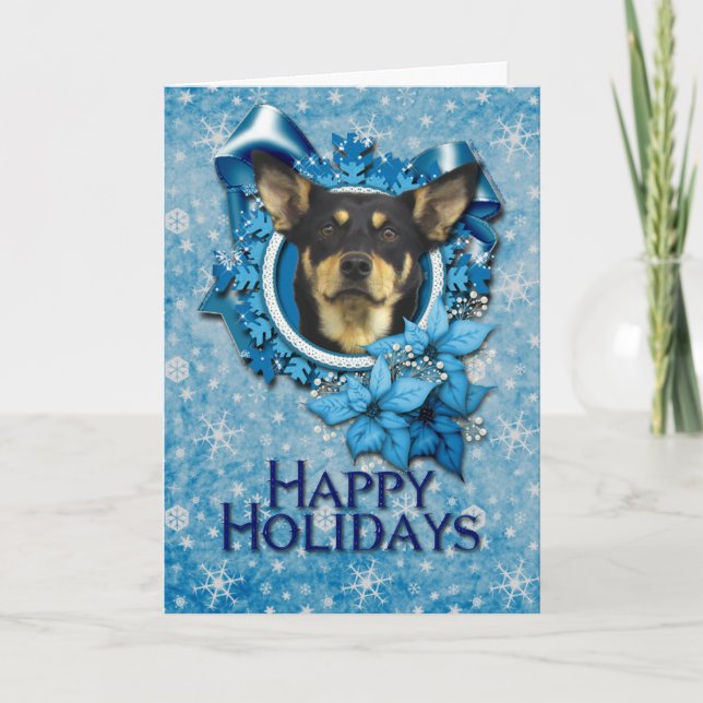 Cartão De Festividades Natal - Floco de Neve Azul - Kelpie Australiano (Frente)
