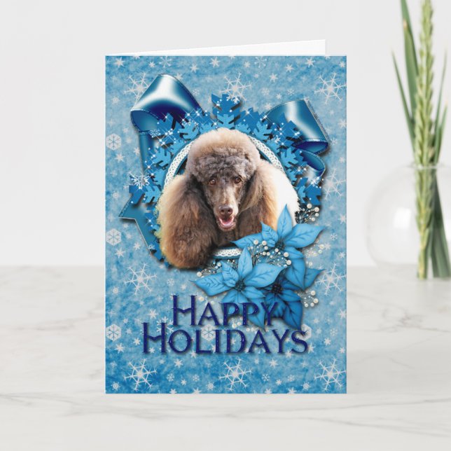 Cartão De Festividades Natal - Floco de Neve Azul - Poodle - Chocolate (Frente)