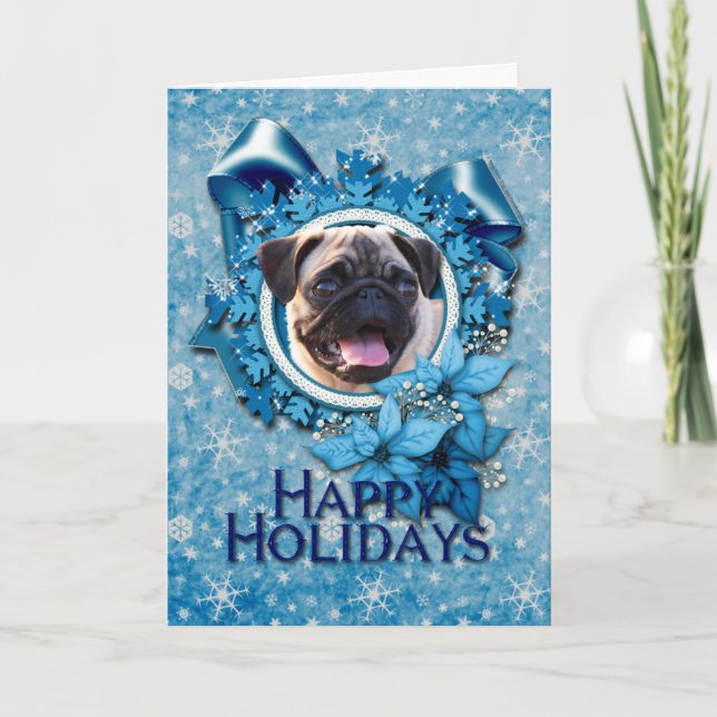 Cartão De Festividades Natal - Floco de Neve Azul - Pug (Frente)